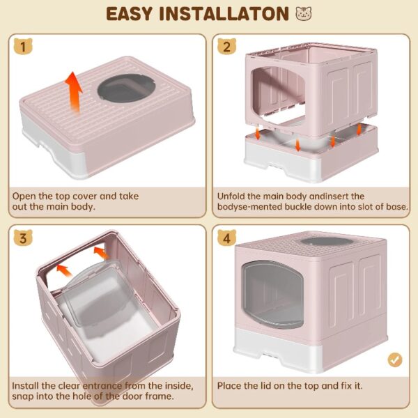 Extra Large Foldable Cat Litter Box with Litter Scoop, Front Entry Top Exit Cat Litter Pan with Lid, Enclosed Anti-Splashing Kitty Litter Box, Drawer Type Cat Litter Easy Cleaning and Scoop, Pink