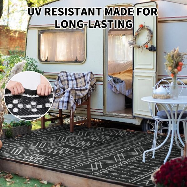 Outdoor Rug 6'x9' Waterproof Patio Rug Reversible Indoor Outdoor Rug Lightweight Plastic Straw Rug for RV Camping Deck Balcony Boho Porch Decor Dark Grey and White