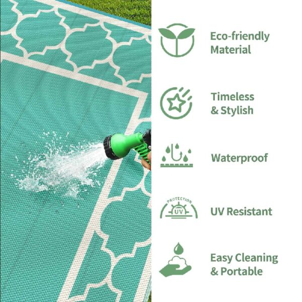 Outdoor Rugs Waterproof Plastic Straw Mat 6'x9' Reversible Patio Deck Beach Blue & White