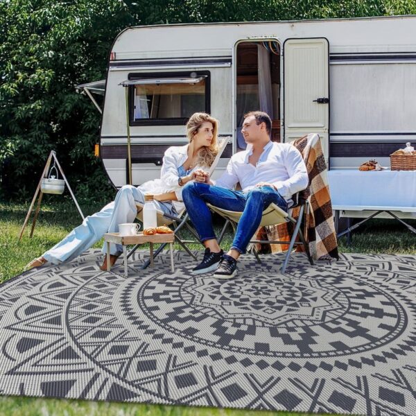Outdoor Rugs 5' x 8' Rug, Waterproof Patio Mat, Stylish Plastic Straw Reversible Area Rug for Picnic RV Camping Porch Balcony, Black and White