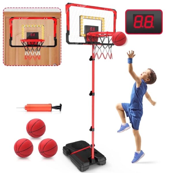 2-in-1 Kid Basketball Hoop with LED Lights & Scoreboard & 3 Balls, Toddler Basketball Hoop Adjustable Height 5.1ft-6.2ft, Basketball Toy Gifts for Boys & Girls