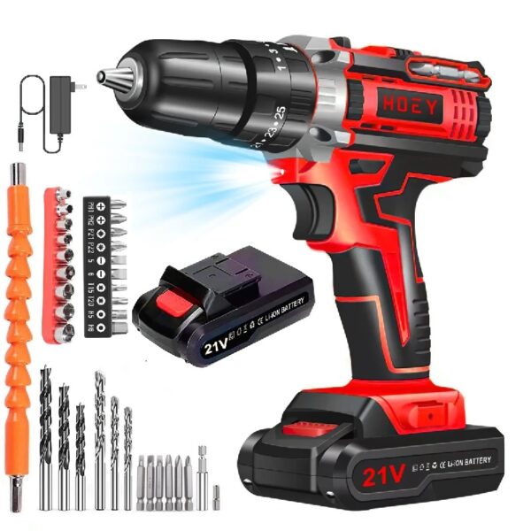 21V Cordless Drill Set, Electric Power Drill 34Pcs with 3/8 Inch Keyless Chuck, 25+3 Clutch Compact Driver Drill with Work Light, Max torque 45Nm, 2-Variable Speed & Battery and Fast Charger
