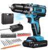 21V Cordless Drill Set, Electric Power Drill 34Pcs with 3/8 Inch Keyless Chuck, 25+3 Clutch Compact Driver Drill with Work Light, Max torque 45Nm, 2-Variable Speed & Battery and Fast Charger
