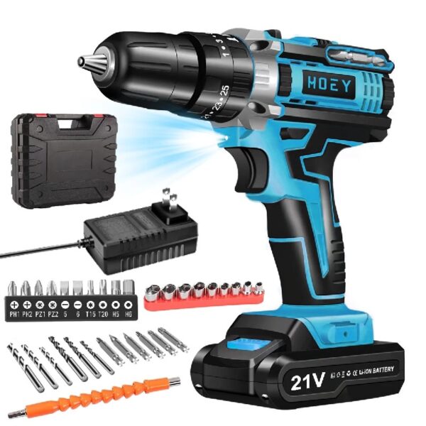 21V Cordless Drill Set, Electric Power Drill 34Pcs with 3/8 Inch Keyless Chuck, 25+3 Clutch Compact Driver Drill with Work Light, Max torque 45Nm, 2-Variable Speed & Battery and Fast Charger