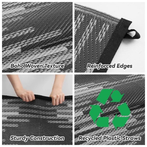 Outdoor Rug 6'x9' Waterproof Patio Rug Reversible Indoor Outdoor Rug Lightweight Plastic Straw Rug for RV Camping Deck Balcony Boho Porch Decor Dark Grey and White