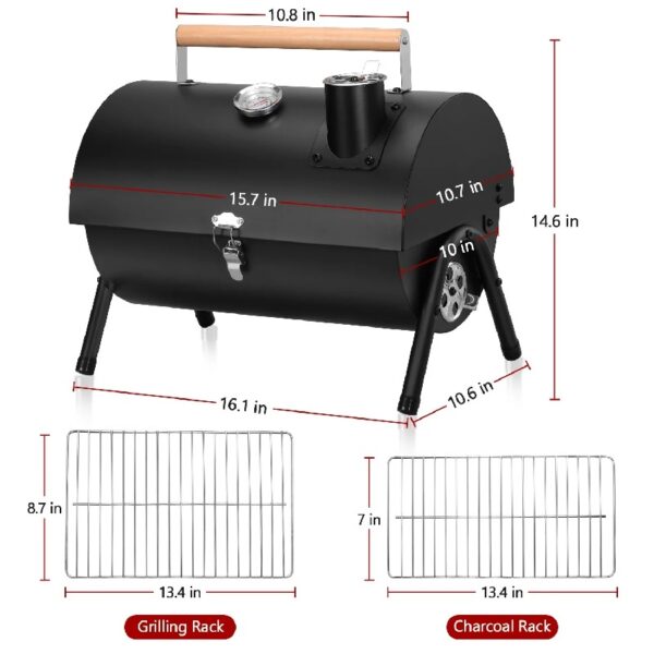 Tabletop Charcoal Grill with Thermometer & Chimney, Small Portable Barbecue Grill for Outdoor Cooking Camping Picnic Backyard Beach - Black