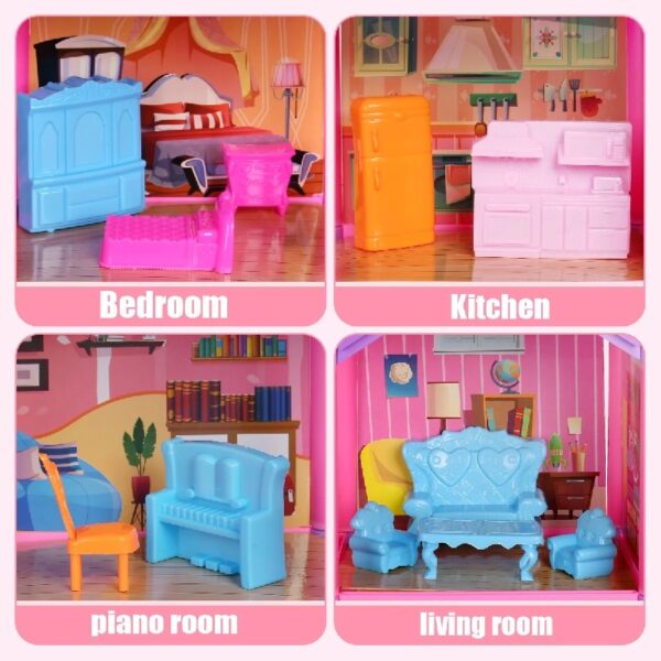 DollHouse with Colorful Light, Pretend Play Toddler Doll House Furniture Sets with 3 Dolls, 9 Rooms DIY , Creative Gift for Girls