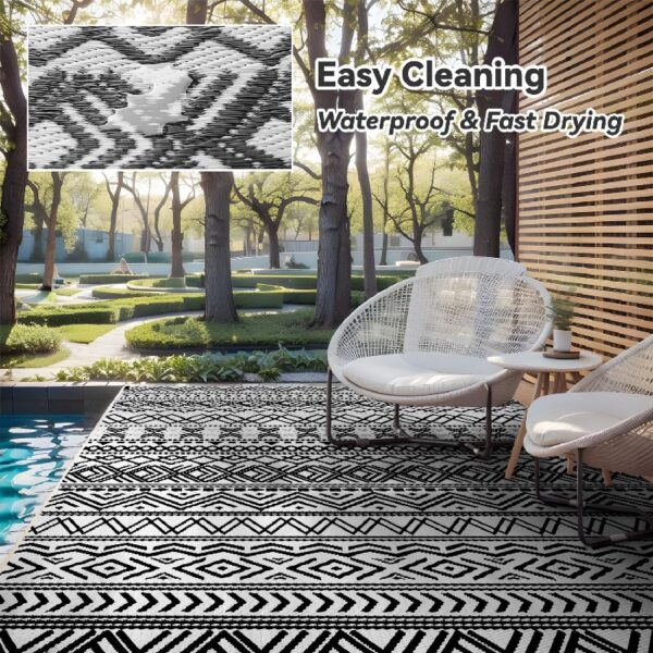Outdoor Rug 6'x9' Waterproof Reversible Patio Rug Boho Geometric Indoor Outdoor Rugs Lightweight Plastic Straw Ourdoor Carpet for RV Camping Deck Balcony Modern Porch Decor Black and White
