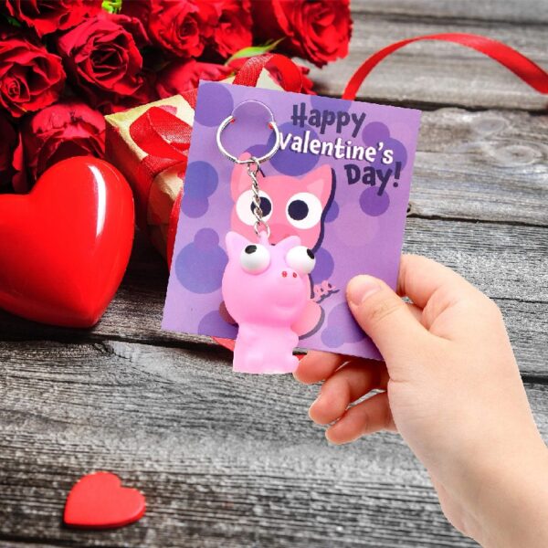 Joyfy 28 Packs Valentines Cards with Popping Eyes Animal Keychain for Kids, Fidget Valentines Toys for Kids School Class Exchange Cards