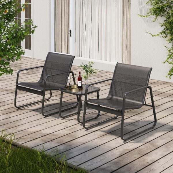 3-Piece Outdoor Bistro Set, Black Metal Frame Glass Top Table and 2 Chairs for Patio, Balcony, Deck - Black