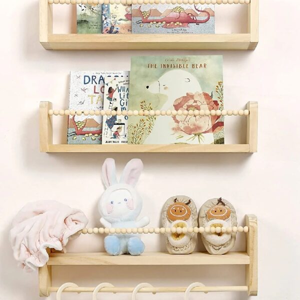 Nursery Floating Shelves for Wall Set of 3 16in, Kids Bookshelf Toy Storage Organizer Natural Wood Shelves Wall Mounted for Kids Room, Bedroom and Kitchen