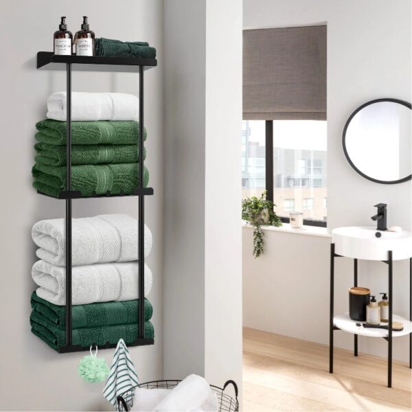 Livhil Wall Towel Rack for Rolled Towels, New Upgrade Towel Racks for Bathroom Wall Mounted, Bathroom Bar Towel Storage, Metal Bath Towel Holder for Folded Large Towel Washcloths, Black