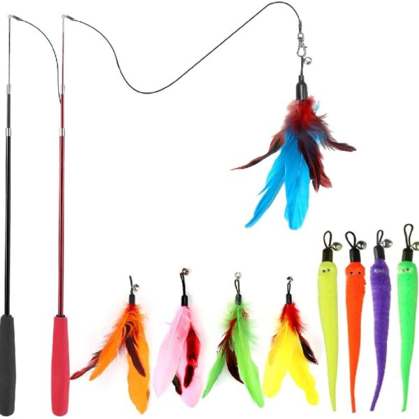 Cat Toys, Interactive Cat Toy 2PCS Retractable Wand Toy and 9PCS Feather Toys Refills