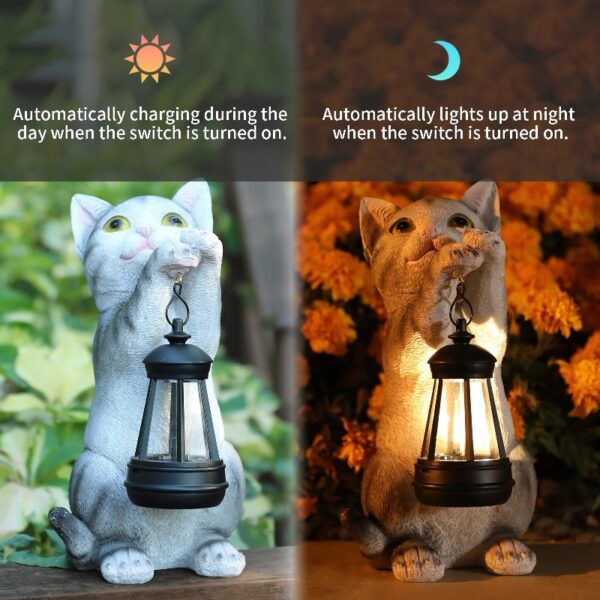 Cat Statue Garden Decor with LED Lantern for Outside -Resin patio Art Gift for lover,Cat Statues for Garden,Patio,Yard Decoration
