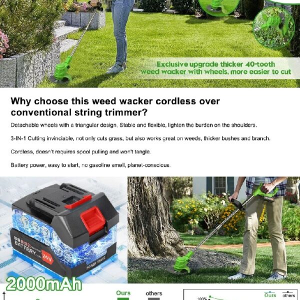 Cordless Weed Eaters, Battery Operated Weed Wacker, Weed Trimmer with 2 Batteries, Electric Grass Trimmer, Electric Edger for Lawns, 24V 650W Grass Cutting Machine, Green