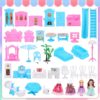 Play Dollhouse with Doll Toy Figures, 14 Rooms Furniture and Colorful Lights, Creative Doll House Gift for Girls Ages 3+, Assemble Required, Pink