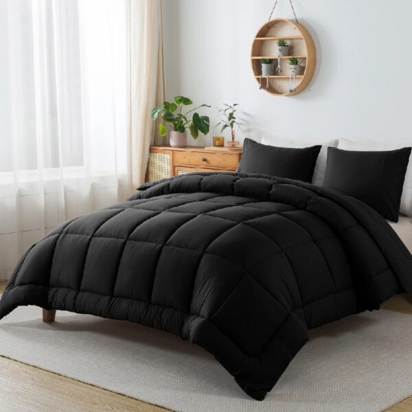 Queen Size 3-Piece All-Season Down Alternative Comforter Set Deep Black | Comforter + Pillow Cases Bedding Set | Hotel Grade Bed in a Bag by