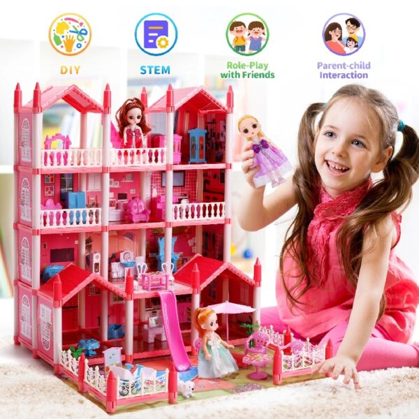 Play Dollhouse with Doll Toy Figures, 14 Rooms Furniture and Colorful Lights, Creative Doll House Gift for Girls Ages 3+, Assemble Required, Pink