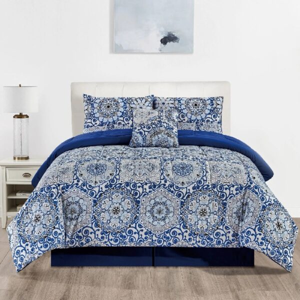 Lux Decor Collection 5 Piece Queen Down Alternative Comforter Set, Washable Duvet Bedding Set - Quatrefoil Navy