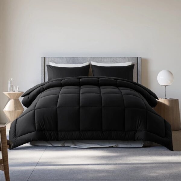 Queen Size 3-Piece All-Season Down Alternative Comforter Set Deep Black | Comforter + Pillow Cases Bedding Set | Hotel Grade Bed in a Bag by