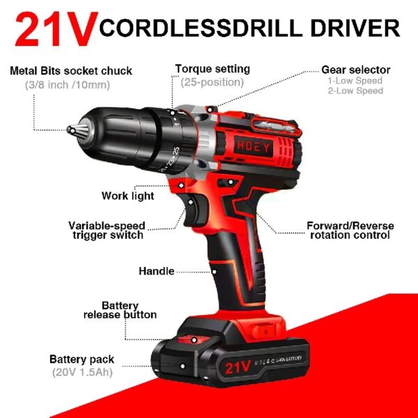 21V Cordless Drill Set, Electric Power Drill 34Pcs with 3/8 Inch Keyless Chuck, 25+3 Clutch Compact Driver Drill with Work Light, Max torque 45Nm, 2-Variable Speed & Battery and Fast Charger