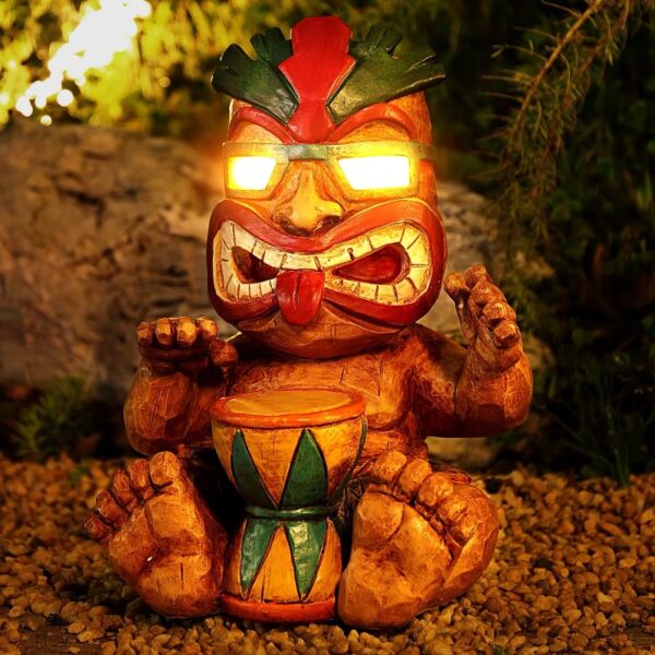 Solar Drumming Tiki Garden Statue: Tribal Tiki Ornament with Solar Powered Flickering Eyes LED Light - Outdoor Tiki Decoration Perfect for Bar Patio Backyard Balcony Yard Lawn Decor