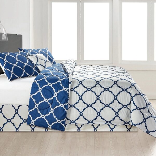 Lux Decor Collection 5 Piece Queen Down Alternative Comforter Set, Washable Duvet Bedding Set - Quatrefoil Navy