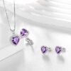 Women Heart Jewelry Set Necklace Earrings Ring 925 Sterling Silver February Birthstone Amethyst Wife Mother Birthday Valentine's Day Gift