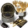 Rose Gold Pink Party Tableware Set - Elegant Disposable Plates, Napkins, Cups & Cutlery with Gold Dot Accents (Serves 25) - Ideal for Baby Showers, Weddings & Birthday Celebrations