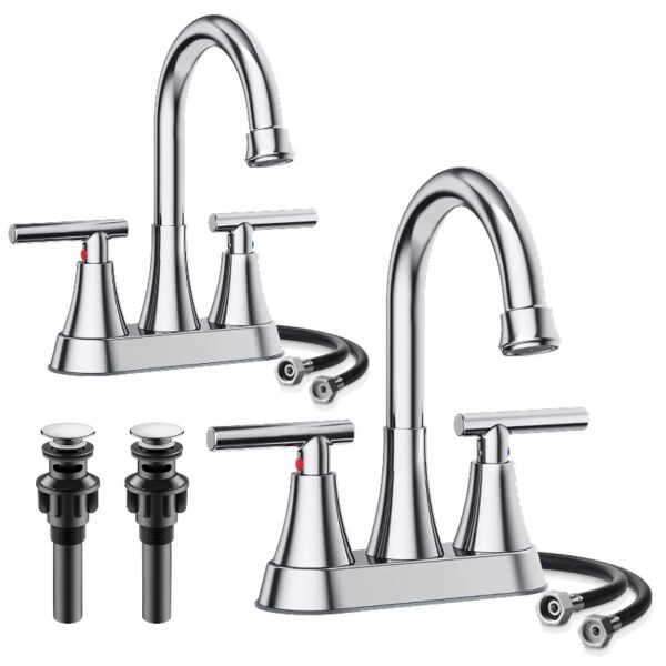 Bathroom Faucets 4 Inch Matte Black Bathroom Sink Faucet, Stainless Steel Lead-Free 2-Handle Centerset Faucet with Pop-up Drain and 2 Supply Hoses Fits 2 or 3-hole Sink
