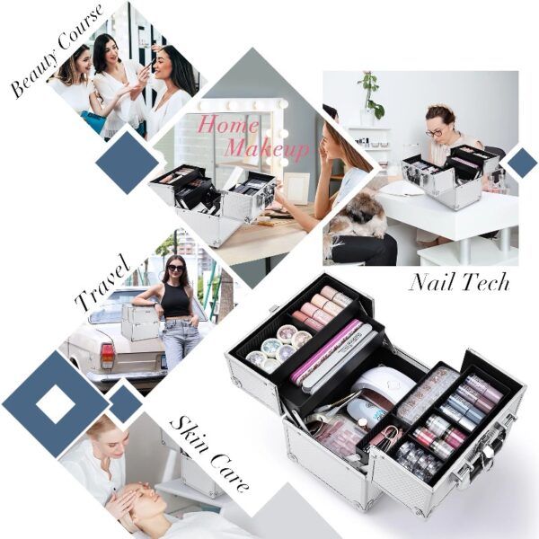 4 Trays Makeup Train Case Cosmetic Storage with Dividers Lockable Jewelry Makeup Box Organizer Pink