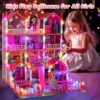 Play Dollhouse with Doll Toy Figures, 14 Rooms Furniture and Colorful Lights, Creative Doll House Gift for Girls Ages 3+, Assemble Required, Pink