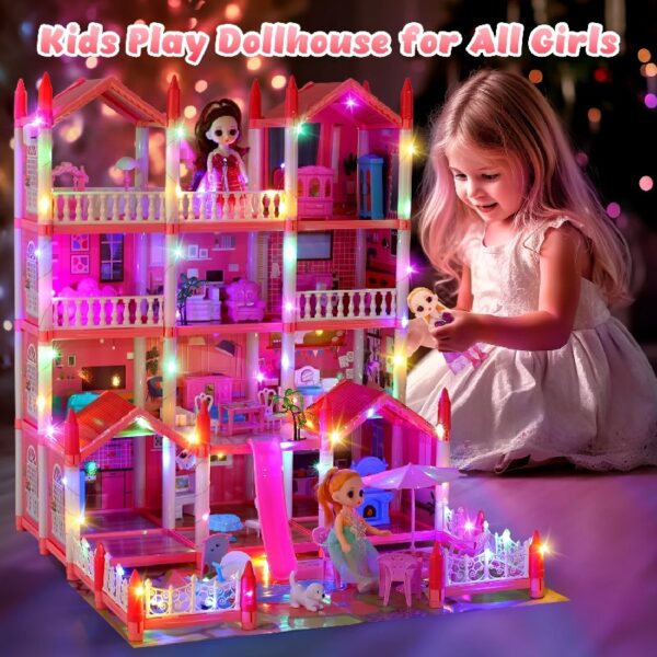 Play Dollhouse with Doll Toy Figures, 14 Rooms Furniture and Colorful Lights, Creative Doll House Gift for Girls Ages 3+, Assemble Required, Pink