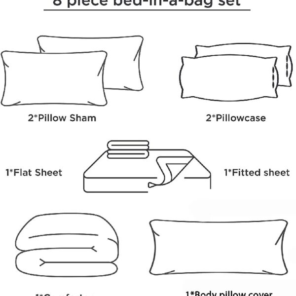 8 PCS Modern Comforter Set with Sheets All Season Bed in a Bag, Black, Queen Size
