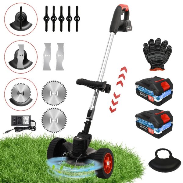 24V Black Electric Weed Eater Lawn Edger Cordless Grass String Trimmer Cutter + 2 Batteries & 3 Types Blades