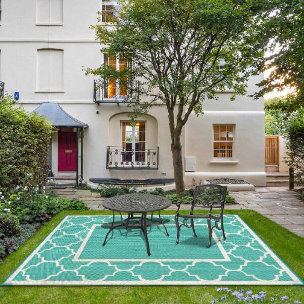 Outdoor Rugs Waterproof Plastic Straw Mat 6'x9' Reversible Patio Deck Beach Blue & White