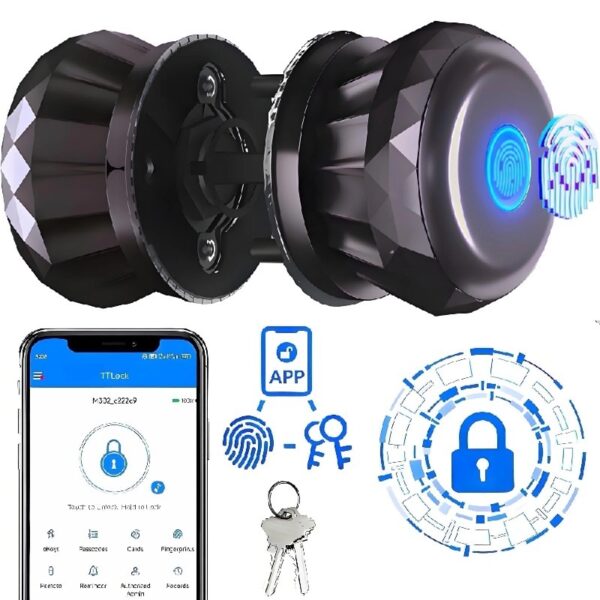 Smart Door Knob, Keyless Smart Door Lock Smart Deadbolt with App Control & Fingerprint & 2 Keys,Electronic Door Lock for Home, Apartment, Office,Bronze