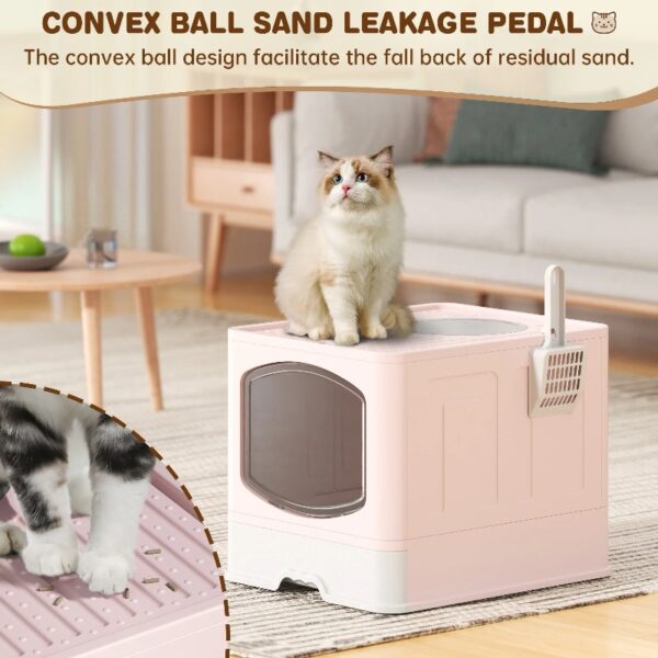Extra Large Foldable Cat Litter Box with Litter Scoop, Front Entry Top Exit Cat Litter Pan with Lid, Enclosed Anti-Splashing Kitty Litter Box, Drawer Type Cat Litter Easy Cleaning and Scoop, Pink