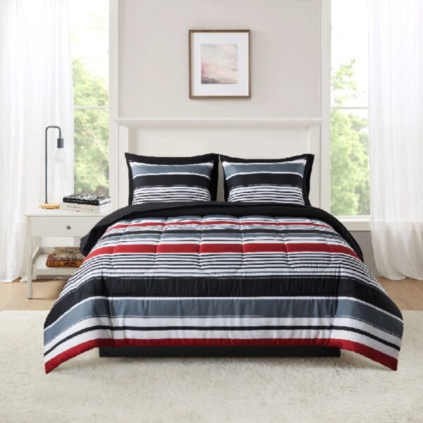 7 Piece Reversible Bed in a Bag Comforter Set with Sheets, Black, Queen
