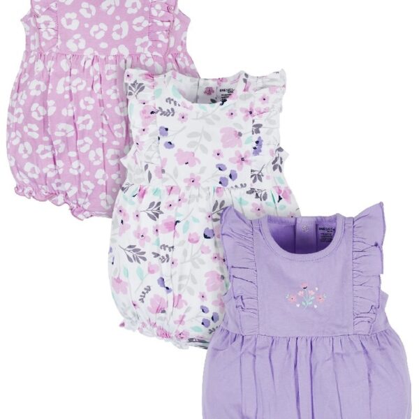 Brand Baby Girl Ruffle Sleeve Rompers, 3-Pack, Sizes, 0/3 Months - 24 Months