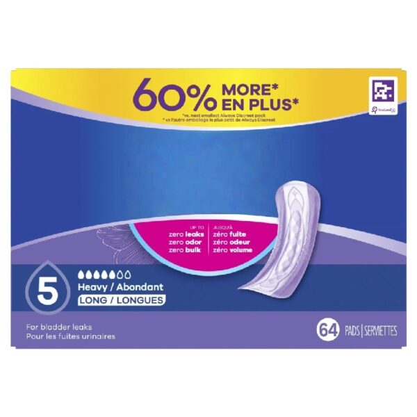 Discreet Incontinence Pads, Heavy Absorbency, Long Length, Lightly Scented 64 CT