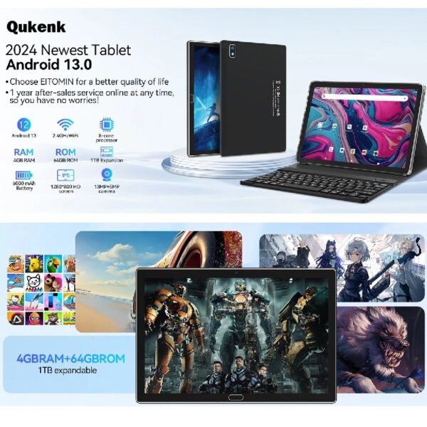 Android 13 Tablet , 4GB+64GB Storage Tablet with Keyboard, Google GMS Certified, Dual 13MP+5MP Camera, WiFi, Bluetooth,  IPS Full HD Display
