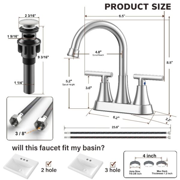 Bathroom Faucets 4 Inch Matte Black Bathroom Sink Faucet, Stainless Steel Lead-Free 2-Handle Centerset Faucet with Pop-up Drain and 2 Supply Hoses Fits 2 or 3-hole Sink