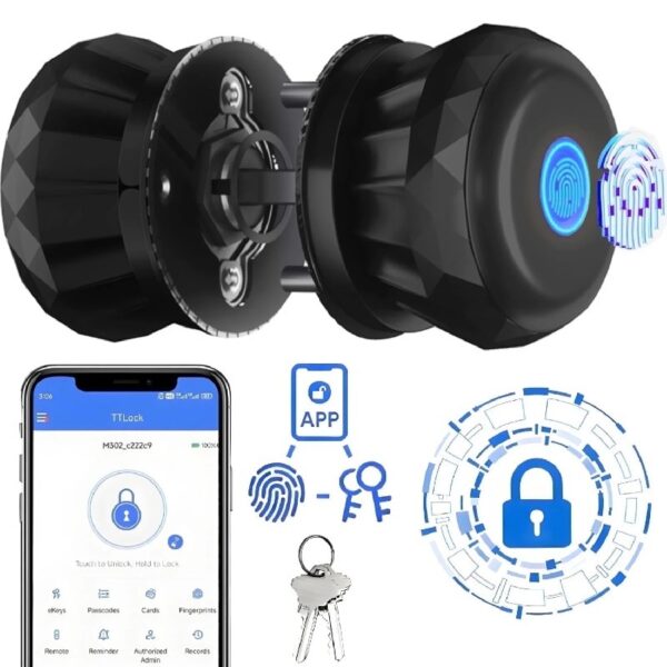 Smart Door Knob, Keyless Smart Door Lock Smart Deadbolt with App Control & Fingerprint & 2 Keys,Electronic Door Lock for Home, Apartment, Office,Bronze