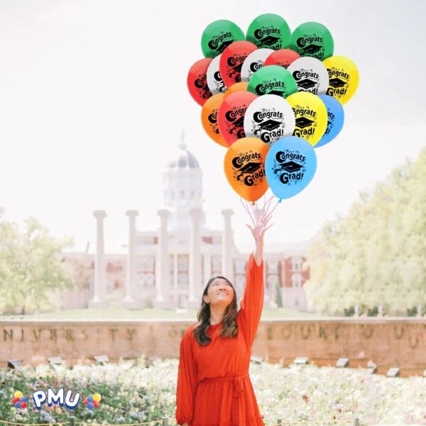 PMU Graduation Balloons 11 Inch PartyTex Premium Emerald Green with All-Over Print White Grad Caps-Confetti and Streamers Pkg/100