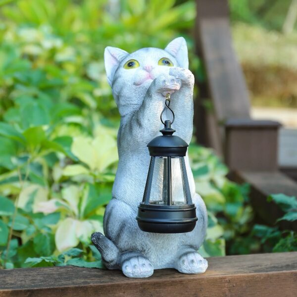 Cat Statue Garden Decor with LED Lantern for Outside -Resin patio Art Gift for lover,Cat Statues for Garden,Patio,Yard Decoration