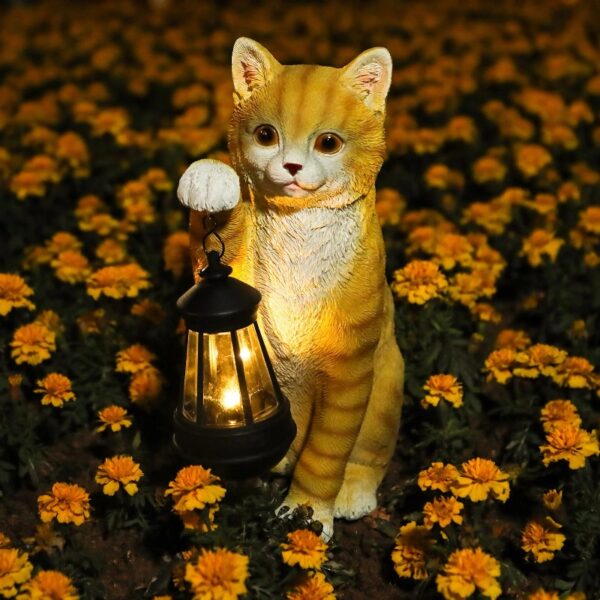 Cat Statue Garden Decor with LED Lantern for Outside -Resin patio Art Gift for lover,Cat Statues for Garden,Patio,Yard Decoration