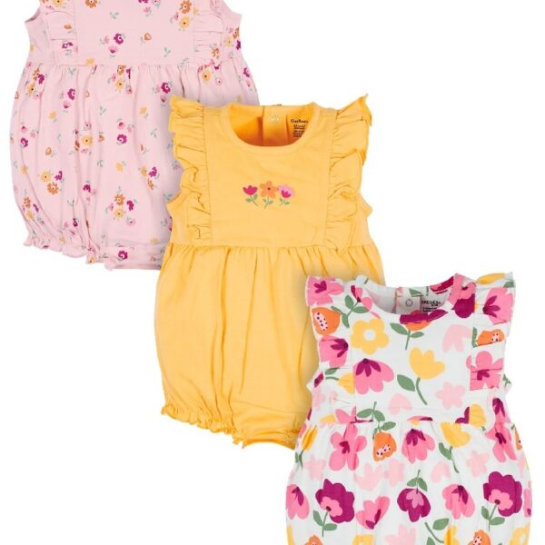 Brand Baby Girl Ruffle Sleeve Rompers, 3-Pack, Sizes, 0/3 Months - 24 Months