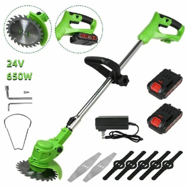 Cordless Weed Eaters, Battery Operated Weed Wacker, Weed Trimmer with 2 Batteries, Electric Grass Trimmer, Electric Edger for Lawns, 24V 650W Grass Cutting Machine, Green