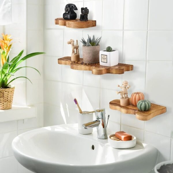Set of 3 Live Edge Wooden Floating Shelves, Farmhouse Vintage Wall Shelf Display Decor for Living Room, Bathroom, Bedroom, Brown